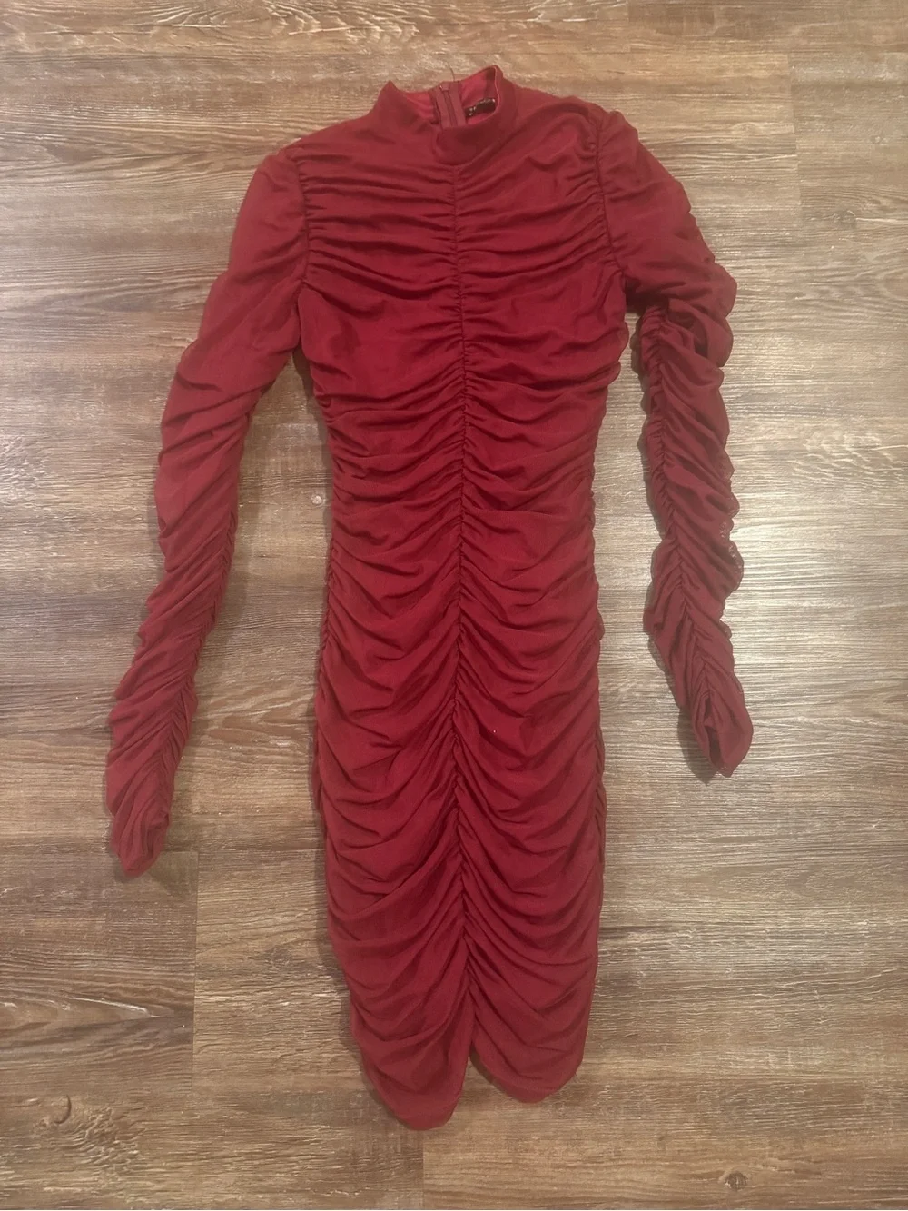 Fashion Nova Burgundy Ruched Long-Sleeve Bodycon Dress